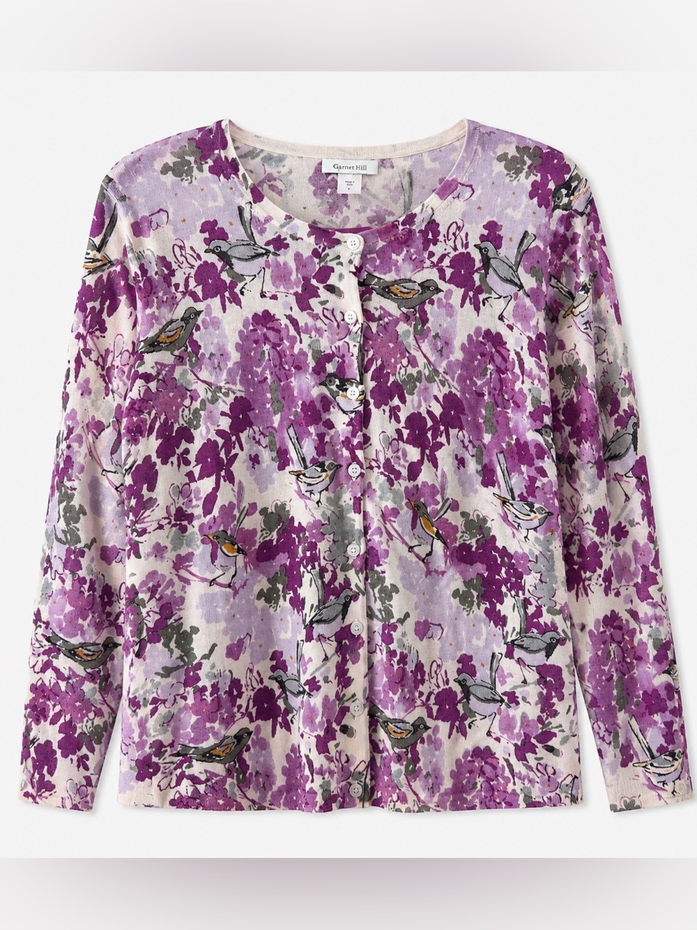 Garnet Hill Merino Wool Floral Bird Cardigan Purple Size Large